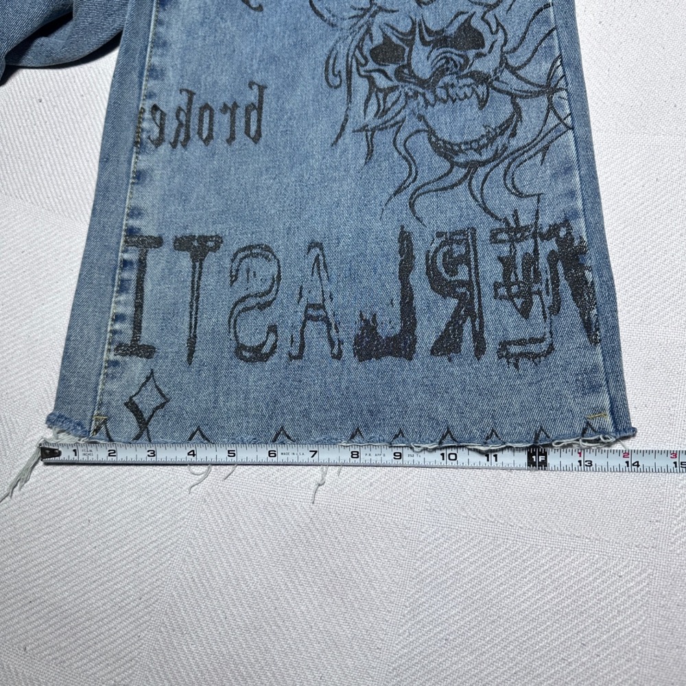 Romwe Wide Leg Jeans Womens Medium 6 Skeleton Skull Oni Demon Print Blue Denim - Picture 15 of 15